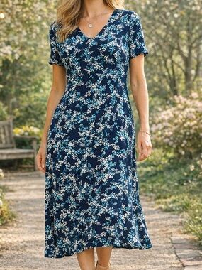 J Jill Wearever Dress M NWT Navy Floral Midi Short Sleeve